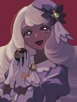  1girl ascot dark-skinned_female dark_skin dress frilled_ascot frills glove_bow gloves highres holding holding_poke_ball jacinthe_(pokemon) jewelry long_hair long_sleeves looking_at_viewer luxury_ball mega_stone mikakami1e open_mouth poke_ball pokemon pokemon_legends:_z-a puffy_sleeves purple_dress purple_eyes purple_hair ring smile solo upper_body very_dark_skin white_gloves 