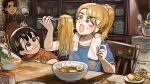  3girls :3 absurdres apron bird black_hair black_shirt blonde_hair blue_eyes blue_shirt bowl brock_(pokemon) chair character_sticker chicken chopsticks commentary diva_(hyxpk) drink_carton duck dumpling eating english_commentary food grey_eyes groudon highres holding holding_chopsticks juice_box konohagakure_symbol ladle long_hair looney_tunes multiple_girls noodles nose_bubble orange_apron orange_shirt original peeled_sticker pokemon ponytail ramen rice_cooker scrunchie shirt short_hair spill sticker towel towel_around_neck tweety_bird you're_doing_it_wrong 