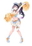  1girl absurdres armpits black_survival blush breasts cheerleader closed_mouth collarbone commentary_request crop_top english_commentary eternal_return:_black_survival fang full_body highres hyejin_(black_survival) korean_commentary kunai miniskirt mixed-language_commentary narrowed_eyes navel orange-shaped_ornament orange_shoes pleated_skirt pom_pom_(cheerleading) purple_eyes purple_hair seasalt_flavour shoes simple_background skin_fang skirt sleeveless sneakers socks solo stomach tachi-e thigh_sheath weapon white_background white_socks 