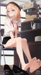  1girl absurdres aqua_eyes artist_logo bare_legs barefoot beret between_breasts black_hat blonde_hair breasts chair cleavage clothes_between_breasts coffee_maker collarbone collared_shirt commentary_request commission feet full_body g36_(girls'_frontline) girls'_frontline glasses hat highres indoors kettle large_breasts legs logo long_hair looking_to_the_side miniskirt necktie necktie_between_breasts on_chair open_mouth partially_unbuttoned pencil_skirt pixiv_commission red-framed_eyewear shirt shoes sitting skirt soles solo suryua sweat sweatdrop sweaty_breasts thighs toenails toes undone_necktie unworn_shoes white_shirt wooden_floor 