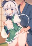  1boy 1girl black_bow black_bowtie black_hairband blue_eyes blue_kimono blush bow bowtie breasts cameltoe collared_shirt commentary_request frilled_skirt frills grabbing_another's_breast green_skirt green_vest grey_hair groping hairband hetero highres hitodama indoors japanese_clothes kimono konpaku_youmu konpaku_youmu_(ghost) large_variant_set medium_hair nipples open_mouth paid_reward_available panties partially_unbuttoned puffy_short_sleeves puffy_sleeves pussy_juice shirt short_sleeves shouji skirt skirt_set sliding_doors small_breasts sweat tama_(soon32281) textless_version thighs touhou underwear variant_set vest white_panties white_shirt 