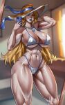  1girl abs bikini blonde_hair blue_eyes blue_lips breasts earrings emma_frost jewelry large_breasts lipstick long_hair looking_at_viewer makeup marvel marvel_rivals muscular muscular_female navel solo swimsuit toned x-men zinfian 