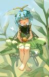  1girl antennae aqua_hair barefoot black_dress blush bug butterfly butterfly_wings chinese_commentary commentary_request dress eternity_larva fairy food fruit green_dress highres insect_wings larva leaf leaf_on_head looking_at_viewer mandarin_orange medium_hair multicolored_dress open_mouth peeling pointy_ears shouxishao_jiuyuan sitting smile solo toes touhou wings yellow_eyes 
