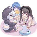  3girls :d all_fours animal_hood azur_lane bent_over black_choker black_hairband blue_eyes blue_hair blush bogatyr_(azur_lane) breasts brown_hair cardigan cardigan_pull cherry_print chibi choker commentary_request curious excited fang food_print fruit_print full_body grin hair_between_eyes hair_ornament hair_over_one_eye hairband hairclip highres hood kneeling knees_up long_hair looking_at_another manjuu_(azur_lane) medium_breasts medium_hair multiple_girls oleg_(azur_lane) oleg_(repose_by_the_fireplace)_(azur_lane) open_cardigan open_clothes paashe pamiat_merkuria_(azur_lane) pamiat_merkuria_(sweet_cherry_memories)_(azur_lane) pink_eyes playing_card_game playing_games purple_eyes raccoon_hood smile smug very_long_hair white_hair 