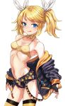  1girl absurdres alternate_costume alternate_hairstyle black_gloves black_shorts blonde_hair blue_eyes bow bowtie breasts caee_penguin commentary_request covered_nipples fingerless_gloves gloves hair_bow highres jacket jacket_partially_removed kagamine_rin looking_at_viewer micro_shorts multicolored_jacket navel no_panties shorts simple_background small_breasts thighhighs tongue tongue_out twintails two-tone_jacket unzipped vocaloid white_background yellow_bow yellow_bowtie yellow_nails 