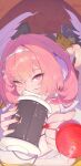  1girl absurdres asmr binaural_microphone breasts brick_wall cable candy commentary_request food headband headphones highres holding large_breasts lollipop medium_hair microphone mole mole_on_breast pink_hair poster_(object) purple_eyes red_nails remielle_dan solo white_wings wings zenless_zone_zero zzz1334549 