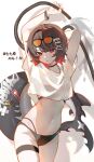  1girl arms_up bikini black_bikini black_hair breasts colored_inner_hair commentary dated ellen_joe eyewear_on_head fingernails fins fish_tail hair_between_eyes highres large_tail looking_at_viewer medium_breasts medium_hair multicolored_hair nail_polish navel open_mouth orange-tinted_eyewear qiqiyu red_eyes red_hair red_nails shark_girl shark_tail shirt short_sleeves solo stomach swimsuit tail thigh_strap tinted_eyewear white_shirt zenless_zone_zero 
