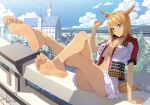  1girl absurdres aqua_eyes artist_logo barefoot blue_sky breasts cleavage closed_mouth crossed_legs day feet flower full_body hand_up hat hat_flower highres jacket large_breasts legs logo miniskirt navel no_bra on_railing open_clothes open_jacket original outdoors panties pleated_skirt railing red_jacket shadow short_sleeves sitting skirt sky smile soles solo suryua thighs toes underwear unzipped white_jacket white_panties white_skirt zipper 