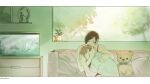  1boy 1girl ada_wong arm_around_neck arm_around_shoulder bare_shoulders black_hair border brown_hair closed_eyes comforting couch couple dress fish_tank hand_in_another's_hair hetero highres indoors leon_s._kennedy lucaethium parted_bangs plant potted_plant red_dress resident_evil shirt short_hair sleeveless sleeveless_dress stuffed_animal stuffed_toy teddy_bear twitter_username white_border white_shirt window 