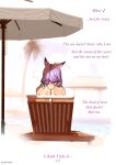  1girl absurdres animal_ears artist_name back chair cross cross_necklace ear_flower english_text facing_away flower from_behind green_eyes hair_ribbon highres horse_ears horse_girl jewelry lounge_chair mejiro_mcqueen_(fair_lady_of_the_waves)_(umamusume) mejiro_mcqueen_(umamusume) necklace palm_tree parasol pink_flower pink_rose purple_hair ribbon rose scar scar_on_back shiwudesu shoulder_blades solo tree umamusume umbrella yellow_flower 
