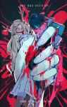  1girl 2others armor black_hair blonde_hair blue_skin cape colored_skin commentary deltarune english_commentary english_text highres holding holding_mini_person kris_(dark_world)_(deltarune) kris_(deltarune) long_hair mini_person minigirl multiple_others noelle_holiday noelle_holiday_(dark_world) pink_cape red_eyes robe summerdeltarune utdr_(toby_fox) very_long_hair weird_route_(deltarune) white_robe 