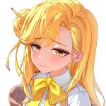  1girl black_survival blonde_hair bow bowtie buttons closed_mouth collared_shirt commentary_request english_commentary eternal_return:_black_survival hair_ribbon highres korean_commentary long_hair mixed-language_commentary pencil_in_hair ribbon seasalt_flavour shirt simple_background solo tia_(black_survival) upper_body white_background white_shirt yellow_bow yellow_bowtie yellow_eyes yellow_ribbon 