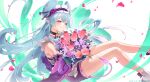  1girl bell blue_hair commentary_request frilled_hairband frills genshin_impact hairband isofishtsu japanese_clothes kimono maid neck_bell obi_bow pink_eyes pink_kimono pink_pupils pink_sleeves pointy_ears purple_tail sash sleeveless sleeveless_kimono solo tail tapir_tail wa_maid white_sash yumemizuki_mizuki 