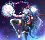  1girl :d absurdres animal_ears artist_name black_gloves black_shorts black_thighhighs blue_eyes blue_jacket commission commissioner_upload cosplay dota_(series) dota_2 fingerless_gloves gloves grey_hair highres horse_ears horse_girl horse_tail jacket lightning long_hair non-web_source shorts single_sleeve smile solo stirrup_legwear storm_spirit_(dota_2) storm_spirit_(dota_2)_(cosplay) tail tamamo_cross_(umamusume) the_raineman thighhighs toeless_legwear toes umamusume 