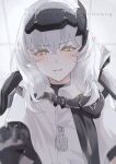  1girl absurdres blush cloak commentary_request dog_tags goddess_of_victory:_nikke grey_ribbon hair_between_eyes heart heart-shaped_pupils highres long_hair looking_ahead looking_at_viewer loving_aura open_mouth reaching reaching_towards_viewer shiro_hinageshi smile snow_white_(nikke) solo symbol-shaped_pupils tagme upper_body watermark white_background white_cloak white_hair yellow_eyes 
