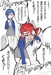  2girls 4ding all_fours arm_up blue_hair blue_jacket closed_mouth collared_shirt commentary crying dress grey_dress hair_bun highres jacket long_hair long_sleeves love_live! love_live!_superstar!! multiple_girls open_clothes open_jacket pinafore_dress pleated_dress red_eyes red_hair school_uniform shirt short_dress single_side_bun sleeveless sleeveless_dress smile speech_bubble standing tears translation_request wakana_shiki white_shirt winter_uniform yoneme_mei yuigaoka_school_uniform 