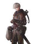  1boy armor bag belt black_hood breastplate bright_pupils brown_bag brown_belt brown_pants chainmail closed_mouth commentary_request couter cowboy_shot crossbow fantasy gambeson gauntlets grey_bag grey_hair hair_between_eyes hands_up highres holding holding_bag holding_sword holding_weapon jun_(navigavi) light_smile looking_at_viewer making-of_available male_focus nose original pants ribbed_shirt scabbard sheath sheathed shirt short_hair shoulder_bag simple_background solo sword turtleneck turtleneck_shirt waist_bag weapon weapon_on_back white_background white_pupils yellow_eyes 