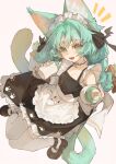  1girl ^^^ animal_ear_fluff animal_ears apron baby_bottle bare_shoulders black_dress black_ribbon blush bottle braid cat_ears cat_tail chinese_commentary chino_(user_zdyd2447) choker commentary_request dress fang frilled_choker frills from_above full_body green_eyes green_hair hands_up highres holding holding_bottle long_hair looking_at_viewer maid maid_headdress mary_janes milk open_mouth original parted_bangs paw_print ribbon shoes skin_fang smile solo strap striped_background tail thick_eyebrows thighhighs twin_braids white_choker white_thighhighs 