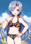  1girl :d ;d alternate_costume arm_bow bikini black_bikini blue_eyes blue_hair blush bow breasts cleavage collarbone commentary_request cowboy_shot highres himemushi_momoyo long_hair looking_at_viewer medium_breasts multicolored_bikini navel one_eye_closed open_mouth orange_bikini orange_bow pickaxe planted ruu_(tksymkw) shovel smile solo stomach swimsuit thighs touhou two-tone_bikini very_long_hair 