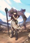  1boy armlet bag bandaged_leg bandages bare_tree black_boots black_hair blue_sky boots bracelet cape closed_mouth cloud cloudy_sky commentary_request day dragon_quest dragon_quest_v floating_cape full_body green_bag grey_eyes hair_between_eyes hand_on_own_chest hero_(dq5) highres holding holding_staff horizon jewelry jun_(navigavi) lips long_hair looking_at_viewer male_focus nose outdoors purple_cape purple_turban sky solo staff standing toned toned_male tree tunic turban waist_bag white_tunic 