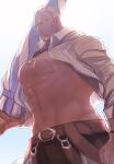 1boy abs bara bare_pectorals beach_umbrella belt benny_(fire_emblem) blonde_hair cheekbones clenched_hand closed_umbrella commentary_request day facial_hair fire_emblem fire_emblem_fates frown goatee grey_eyes highres holding jewelry lens_flare magatama magatama_necklace male_focus monsuke_(monban) muscular muscular_male necklace open_clothes open_shirt outdoors pectorals scar scar_on_face scar_on_forehead short_hair solo standing sunlight umbrella 