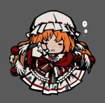  1girl christmas_nightmare_(e.g.o) christmas_ornaments_in_hair closed_eyes commentary dress e.g.o_(project_moon) full_body grey_background hat ishmael_(project_moon) limbus_company long_hair lowres mob_cap official_art open_mouth orange_hair project_moon sidelocks simple_background sleepy solo squeans very_long_hair white_dress white_hat 