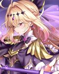  1girl ahoge blonde_hair brooch capelet commentary_request diamond_hairband frilled_capelet frills gradient_hair hair_intakes hair_ornament heart heart_brooch highres holding holding_staff jewelry ks_(xephyrks) long_hair meitantei_precure! moria_luluka multicolored_hair open_mouth portrait precure purple_nails purple_veil red_eyes solo staff tear_arcana_rod veil 
