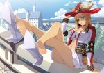  1girl absurdres aqua_eyes artist_logo blue_sky breasts cleavage closed_mouth crossed_legs day ears_through_headwear feet flower full_body hand_up hat hat_flower high_heels highres jacket large_breasts legs logo long_sleeves miniskirt navel on_railing open_clothes open_jacket original outdoors panties pleated_skirt railing red_hat red_jacket shadow shoe_dangle shoes sitting skirt sky smile soles solo suryua thighs underboob underwear unzipped white_jacket white_panties white_shoes white_skirt zipper 
