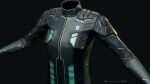  3d aqua_trim black_jacket blender_(medium) bodysuit clothes_focus commentary company_logo copyright_logo copyright_name dark_background dated english_commentary eve_online gallente_federation_(eve_online) grey_background highres honeycomb_(pattern) honeycomb_print jacket logo long_sleeves marmoset_toolbag_(medium) maya_(medium) no_humans official_art photorealistic realistic undoz upper_body zbrush_(medium) 