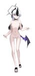  1girl absurdres bare_legs black_choker black_hair black_horns black_nails blue_archive breasts choker cleft_of_venus commentary_request full_body gradient_hair grey_halo grin hair_between_eyes halo highres horns kayoko_(blue_archive) kayoko_(tsutaya)_(blue_archive) long_hair looking_at_viewer multicolored_hair naked_shoes nipples nude pussy red_eyes simple_background small_breasts smile solo standing straight-on strapless swimsuit sych1590 two-tone_hair walking white_background white_hair 