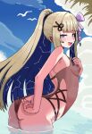  1girl amanogawa_shiina arched_back ass blonde_hair blue_eyes blue_hair blue_nails blue_sky blunt_bangs bow breasts cl_oor colored_inner_hair commentary_request constellation hair_bow highres long_hair looking_at_viewer multicolored_hair nipples one-piece_swimsuit open_mouth phase_connect ponytail purple_bow scissors_hair_ornament see-through_clothes see-through_one-piece_swimsuit sky small_breasts smug solo standing starry_hair swimsuit thighs virtual_youtuber water 
