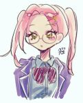  1girl :o absurdres alien_stage anakt_arts_high_school_uniform blazer blue_jacket bow bowtie collared_shirt cropped_torso diagonal-striped_bow diagonal-striped_bowtie diagonal-striped_clothes glasses hair_ornament hairclip highres jacket kanmuri_(555oo000) long_hair mizi_(alien_stage) open_clothes open_jacket pink_hair school_uniform shirt signature simple_background solo star_(symbol) star_hair_ornament striped_bow striped_bowtie striped_clothes twintails white_background yellow_eyes 