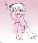  1girl 216 barefoot bathrobe black_hairband blush commentary_request deformed full_body gradient_background green_eyes grey_hair hairband hitodama konpaku_youmu konpaku_youmu_(ghost) long_sleeves looking_at_viewer medium_hair open_mouth pink_background rubbing_eyes signature sleepy solo squeans touhou wide_sleeves yawning 