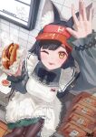  1girl animal_ear_fluff animal_ears black_hair black_pantyhose breasts burger dress feet food green_dress grey_dress hand_up highres holding holding_food hololive medium_breasts miofa_(ookami_mio) one_eye_closed ookami_mio ookami_mio_(8th_costume) pantyhose r.da12 red_hair sitting table wolf_ears wolf_girl yellow_eyes 