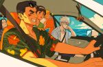  5boys absurdres black_hair black_shorts blonde_hair blue-framed_eyewear blue_shirt blunt_bangs bowl_cut car car_interior character_charm charm_(object) cheekbones closed_eyes collared_shirt driving eyewear_on_head facial_mark floral_print floral_print_shirt green_shirt grey_hair grin hatake_kakashi hawaiian_shirt head_on_hand headband highres holding holding_map hyuuga_neji light_blush long_hair m0_mo_momo male_focus map mask might_guy motor_vehicle mouth_mask multiple_boys musical_note naruto_(series) naruto_shippuuden nike_(company) ocean pakkun_(naruto) parted_lips plaid_clothes plaid_shirt print_shirt rock_lee shirt shirt_under_shirt short_hair shorts sleeping smile spiked_hair sunglasses surgical_mask teeth thick_eyebrows turtle uzumaki_naruto whisker_markings white_headband white_shirt zzz 