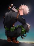  1boy bakugou_katsuki belt black_boots black_pants black_sky blonde_hair blue_sky boku_no_hero_academia boots chiyaya closed_mouth colored_shoe_soles covered_shoulder_blades crack dawn explosive film_grain from_behind from_side full_body gloves gradient_sky green_belt green_gloves grenade hand_on_own_neck hand_up head_down highres horizon knee_boots knee_pads legs_folded looking_at_viewer looking_back male_focus multicolored_gloves orange_eyes orange_gloves pants pants_tucked_in profile purple_sky sanpaku scar scar_on_face shoe_soles short_hair sideways_mouth sky solo spiked_hair squatting star_(sky) starry_sky tsurime two-sided_gloves two-tone_gloves 
