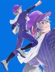  1boy absurdres baseball_bat baseball_uniform blue_background cleats clenched_hand clipboard commentary different_zoom_layer earrings from_side full_body fuwa_minato hat highres holding holding_clipboard jewelry kome_non looking_at_viewer male_focus multicolored_hair nijisanji nijisanji_koshien official_alternate_costume official_art outstretched_arm pants purple_hair purple_hat purple_pants purple_shirt purple_streaks red_streaks shirt short_hair simple_background sportswear standing standing_on_one_leg streaked_hair striped_clothes sweat towel towel_on_one_shoulder undershirt virtual_youtuber zoom_layer 