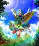  1girl absurdres antennae aqua_hair arms_up barefoot black_dress butterfly_wings commentary_request day dress eternity_larva fairy full_body green_dress highres insect_wings kuya_(hey36253625) leaf leaf_on_head lens_flare multicolored_dress open_mouth outdoors red_eyes short_sleeves smile solo teeth toes touhou upper_teeth_only wings yellow_wings 