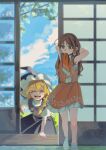  2girls ^_^ absurdres apron arms_behind_head black_hat black_skirt black_vest blonde_hair blue_sky bow braid brown_eyes brown_hair closed_eyes clothes_in_mouth cloud commentary_request day frilled_hair_tubes frilled_skirt frills hair_bow hair_tubes hakurei_reimu hat hat_bow highres kirisame_marisa long_hair mouth_hold multiple_girls open_mouth opening_door puffy_short_sleeves puffy_sleeves red_bow red_skirt shi_chimi short_sleeves shouji side_braid single_braid skirt skirt_set sky sliding_doors smile socks teeth touhou tying_hair upper_teeth_only vest waist_apron white_apron white_bow white_socks witch_hat 