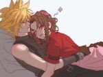  1boy 1girl aerith_gainsborough arm_belt arms_around_another's_waist belt black_pants blonde_hair blush braid braided_ponytail brown_belt brown_gloves brown_hair closed_eyes cloud_strife commentary couple cropped_jacket cuddling dress final_fantasy final_fantasy_vii final_fantasy_vii_remake gloves grey_shirt hair_between_eyes hair_ribbon hetero highres jacket long_hair multiple_belts pants parted_bangs pillow pink_dress pink_ribbon poffg_7 red_jacket ribbed_shirt ribbon sequential shirt short_hair short_sleeves sidelocks single_bare_shoulder single_braid sleeveless sleeveless_turtleneck smile spiked_hair suspenders turtleneck untranslatable_commentary white_background 