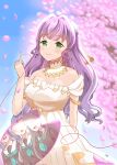  3girls bare_shoulders breasts cherry_blossoms closed_mouth collarbone commentary_request corocoro567 dakishimeru_hanabira dress falling_petals fujishima_megumi green_eyes hair_intakes highres long_hair looking_at_viewer love_live! love_live!_hasu_no_sora_jogakuin_school_idol_club medium_breasts multiple_girls off-shoulder_dress off_shoulder otomune_kozue petals pink_petals pinky_out purple_hair smile solo_focus string string_of_fate virtual_graduation_commemoration virtual_youtuber white_dress yugiri_tsuzuri 