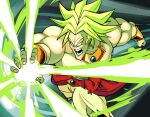  1boy angry blank_eyes bracelet broly_(dragon_ball_z) dragon_ball dragon_ball_z earrings energy_beam gorget green_theme grey_background highres hoop_earrings jewelry male_focus muscular muscular_male necklace red_sash saiyan sash short_hair solid_eyes solo spiked_hair super_saiyan teknodice topless_male white_eyes 