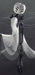  1girl arthropod_girl arthropod_limbs black_skin colored_skin commentary_request dress extra_eyes first_sinner_(hollow_knight) full_body grey_background highres hollow_eyes hollow_knight hollow_knight:_silksong korean_commentary kubek mask solo thread white_dress white_mask 