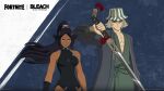  1boy 1girl 3d artist_request backless_leotard beard_stubble black_leotard bleach bleach:_sennen_kessen-hen blonde_hair breasts bucket_hat cel_rendering commentary copyright_logo crossover dark-skinned_female dark_skin english_commentary facial_hair fortnite hair_between_eyes hat highres holding holding_sword holding_weapon leotard logo long_hair looking_at_viewer medium_breasts official_alternate_costume official_art ponytail purple_hair shihouin_yoruichi short_hair standing stubble sword urahara_kisuke weapon yellow_eyes 