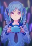  1girl aqua_hair blush cellphone commentary drill_hair glowstick highres holding holding_phone long_hair looking_at_viewer love_live! love_live!_superstar!! macken666 onitsuka_tomari penlight_(glowstick) phone pink_eyes school_uniform sidelocks smartphone smile solo twin_drills upper_body 