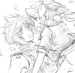  1boy 1girl aerith_gainsborough arm_belt braid braided_ponytail cloud_strife commentary_request cropped_jacket falling_petals final_fantasy final_fantasy_vii final_fantasy_vii_remake greyscale hair_between_eyes hair_ribbon hetero light_blush long_hair monochrome parted_bangs parted_lips petals ribbed_shirt ribbon shirt short_hair short_sleeves sidelocks single_bare_shoulder single_braid sketch sleeveless sleeveless_turtleneck smile spiked_hair suspenders turtleneck twitter_username upper_body white_background you_(blacknwhite) 
