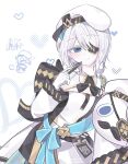  1girl black_bow black_bowtie black_survival blue_eyes blue_ribbon bow bowtie closed_mouth collared_dress commentary_request dress english_commentary eternal_return:_black_survival eyepatch gloves grey_hair hasayart hat heart highres korean_commentary long_sleeves mixed-language_commentary ribbon short_hair siluca_meletes sissela_(black_survival) solo white_background white_dress white_gloves white_hat 