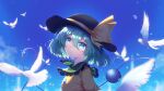  1girl absurdres bird bird_request black_hat blue_eyes blush bow buttons chinese_commentary closed_mouth collared_shirt commentary_request crying crying_with_eyes_open diamond_button disembodied_linked_eye eyeball frilled_shirt_collar frills green_hair hair_between_eyes hat hat_bow heart heart_of_string highres koishi_day komeiji_koishi looking_at_viewer shirt short_hair solo tears touhou upper_body white_bird yellow_bow yellow_shirt z0xy439 