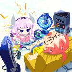  2girls absurdres ahoge air_conditioner angry blue_eyes blue_shorts blush cable closed_eyes couch cozydeneb dragon_girl dragon_horns electric_fan extension_cord highres horns hot kanna_kamui kobayashi-san_chi_no_maidragon kobayashi_(maidragon) multiple_girls open_mouth purple_hair recharging red_hair shirt shorts sitting sweat tail white_background yellow_shirt 