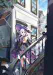  1girl absurdres bag black_hat black_robe black_skirt blue_eyes braid bread breasts building collared_shirt commentary_request elaina_(majo_no_tabitabi) food grey_hair hair_between_eyes hat highres holding holding_food june4149 long_hair looking_at_viewer majo_no_tabitabi outdoors paper_bag pleated_skirt robe shirt skirt sleeveless sleeveless_shirt small_breasts solo stairs white_shirt witch_hat 